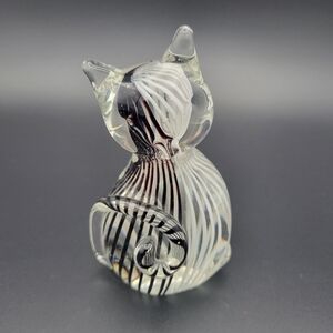 Black and White Stripe Blown Glass Cat Figurine Paperweight